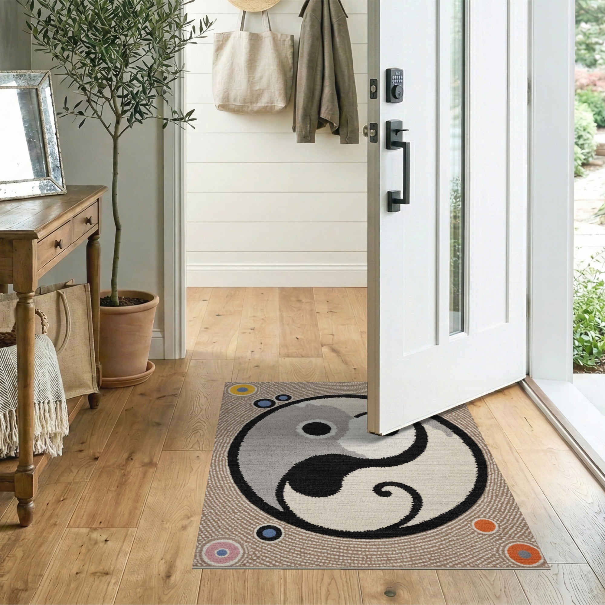 Yin Yang Tribal Area Rug with Colorful Dots