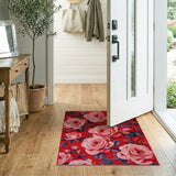 Pink Roses on Red Floral Vintage Area Rug