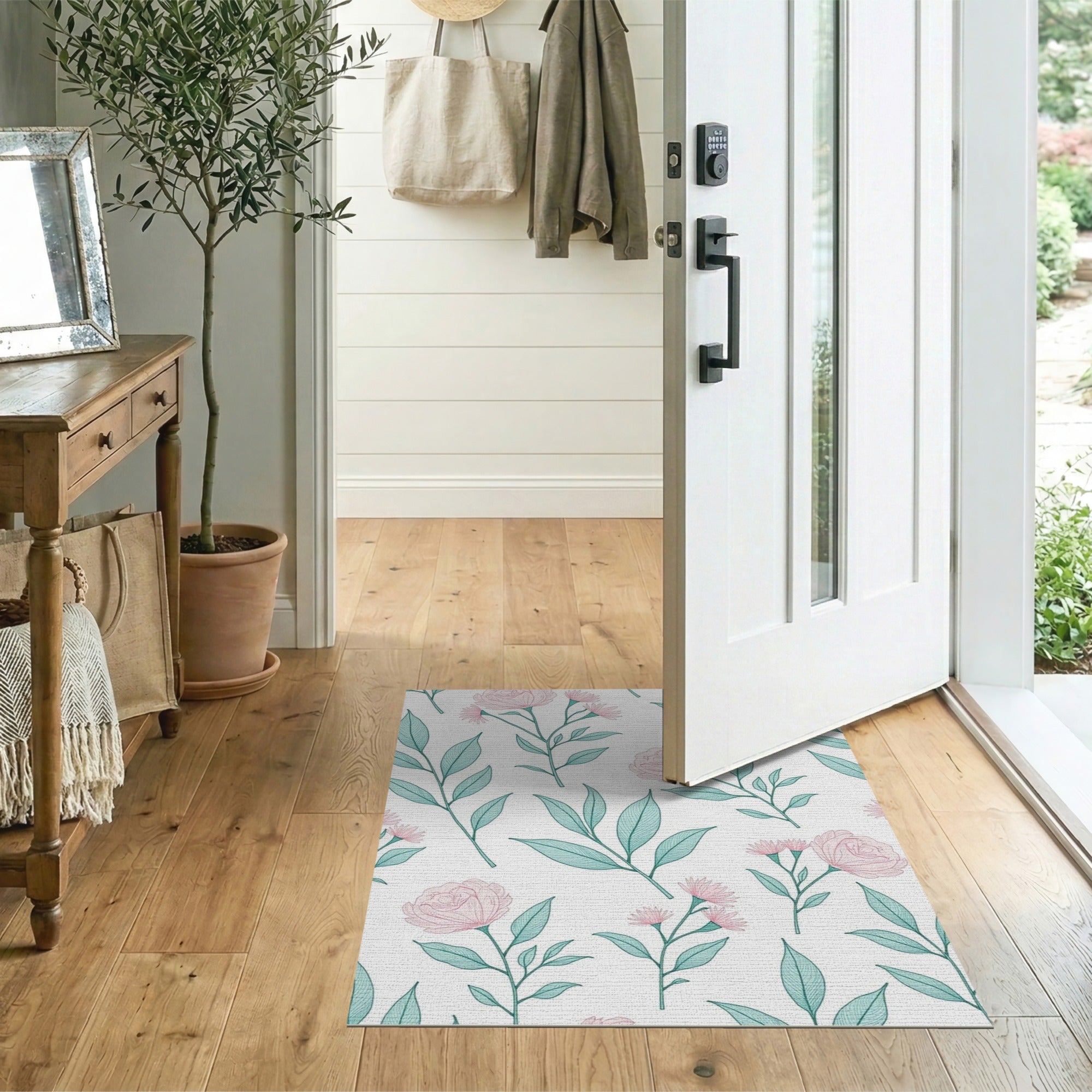 Pink Peony Teal Leaf Floral Vintage Area Rug
