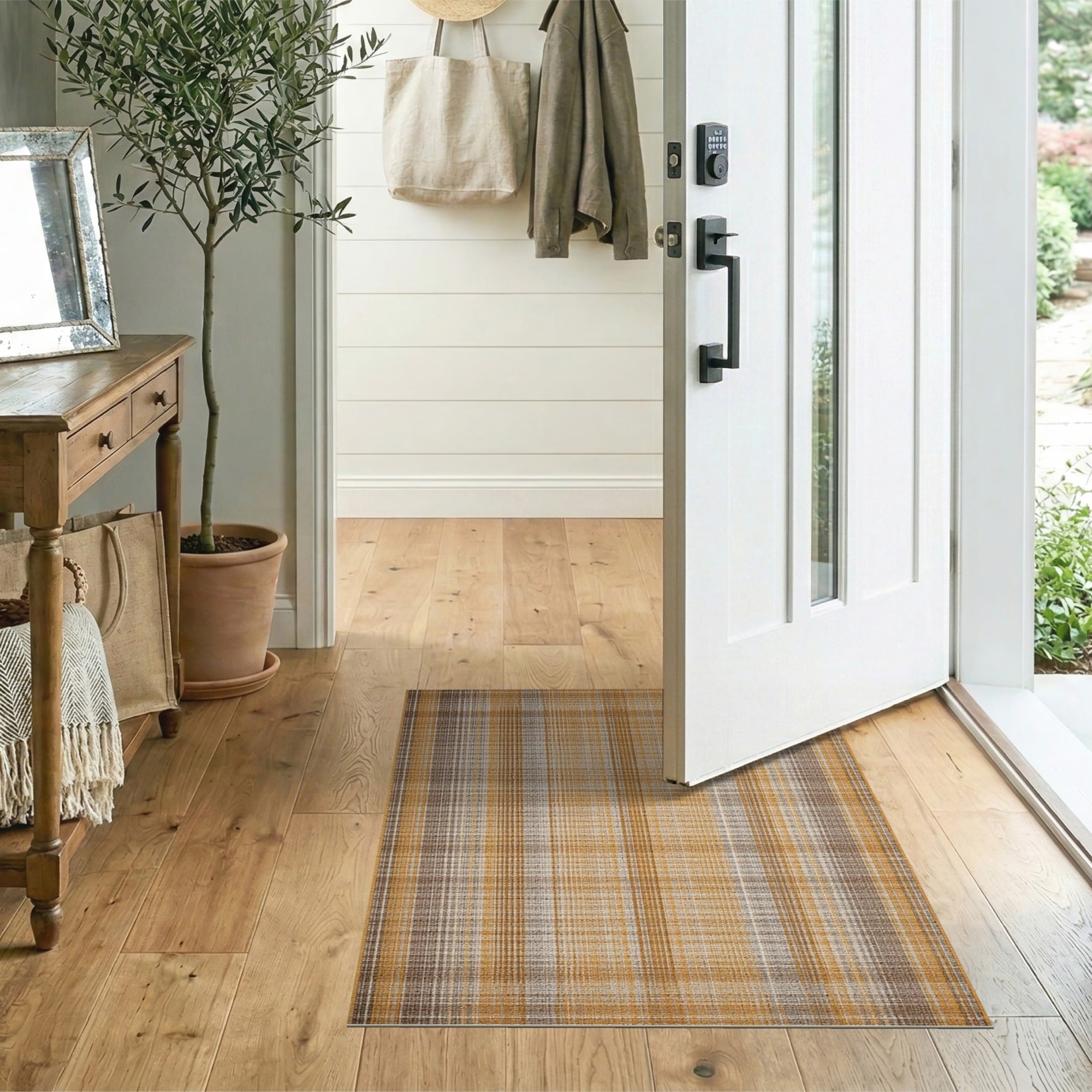 Rustic Farmhouse Brown Tan Plaid Woven Area Rug