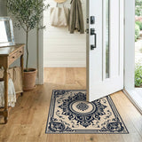 Ornate Beige Medallion Area Rug with Black Scrolls