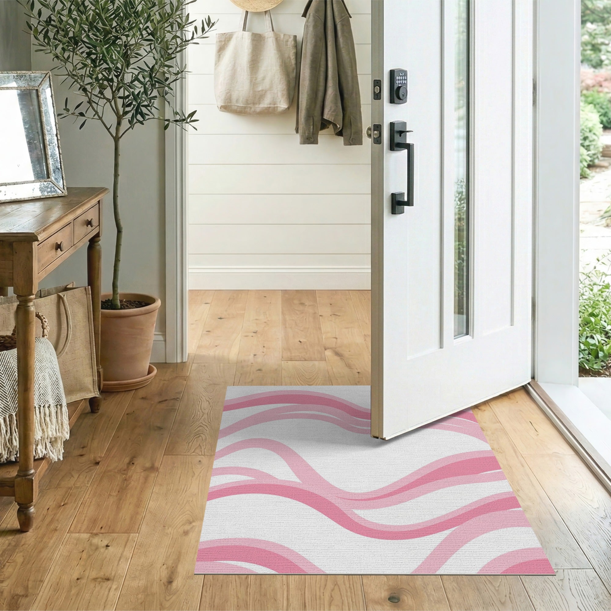ODIKA Pink Abstract Wavy Washable Area Rug, Low Pile Non-Slip Pet Friendly Carpet