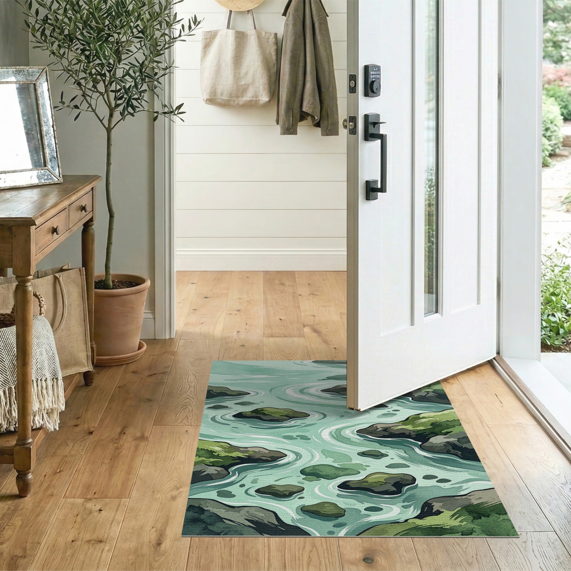 Teal Flowing Stream Mossy Rocks Area Rug