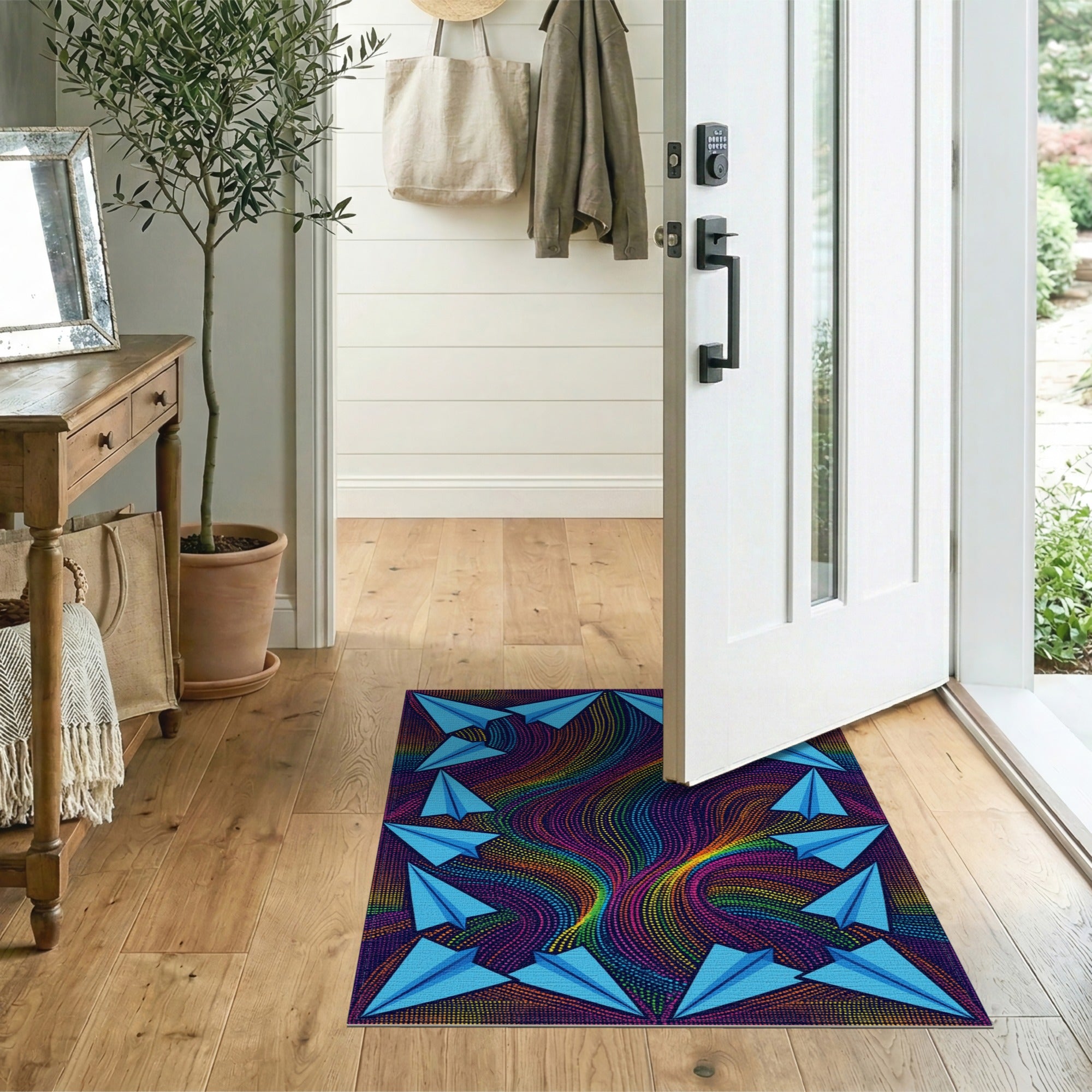 Blue Paper Airplane Rainbow Vortex Rug
