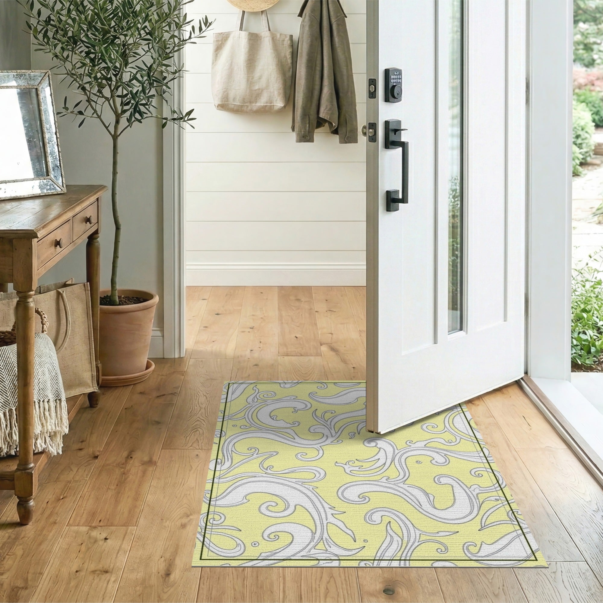 ODIKA Washable Low Pile Ornate Scroll Area Rug, Non-Slip & Pet Friendly, Yellow/White