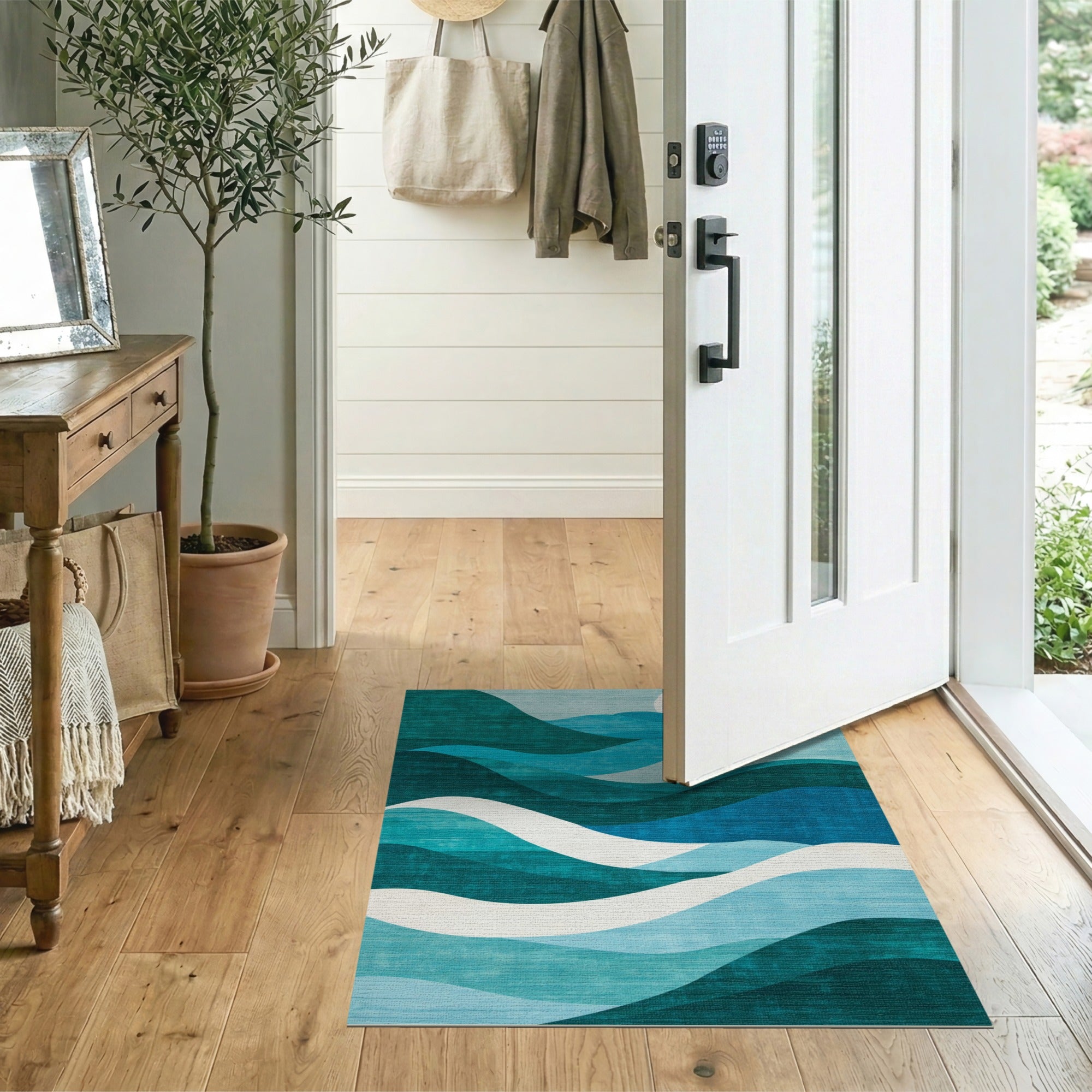 ODIKA Modern Teal Abstract Wave Washable Area Rug - Low Pile Non-Slip & Pet Friendly