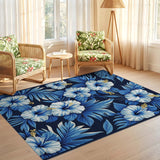 ODIKA Washable Blue Hibiscus Floral Area Rug - Low Pile Non-Slip Carpet