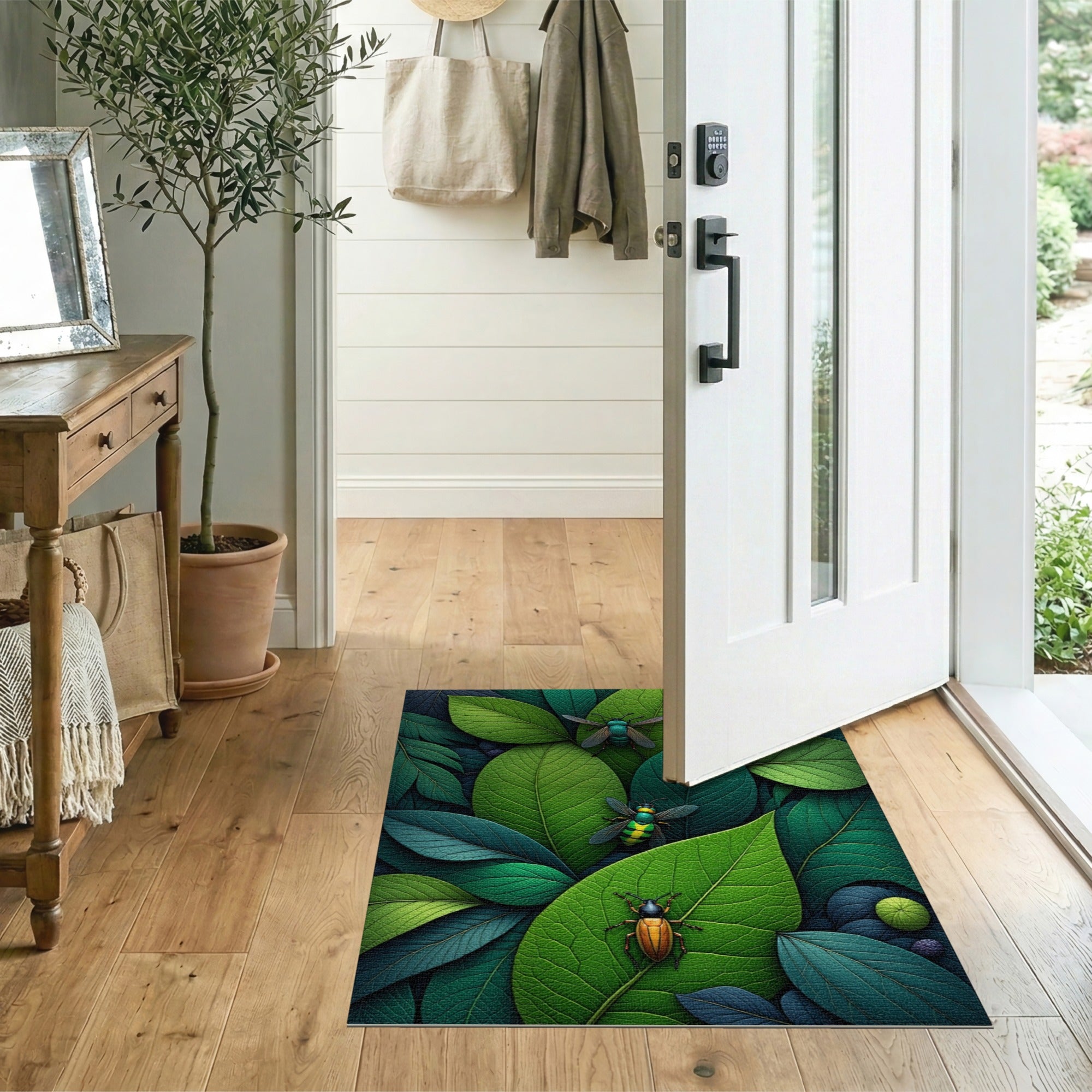 Lush Green Leaves Iridescent Beetles Area Rug