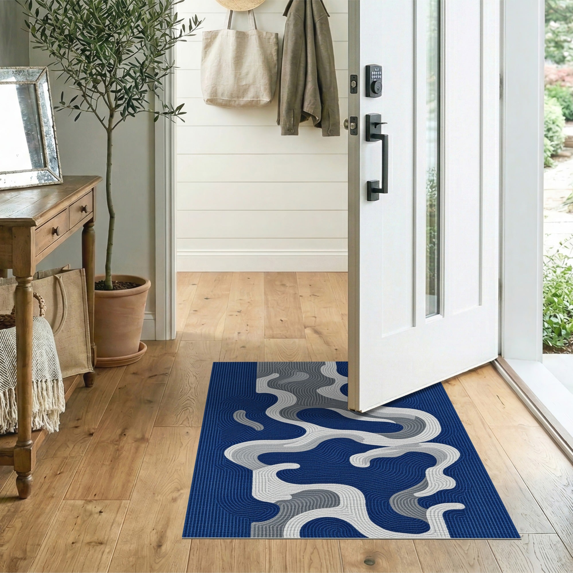 Abstract Navy Wave Area Rug