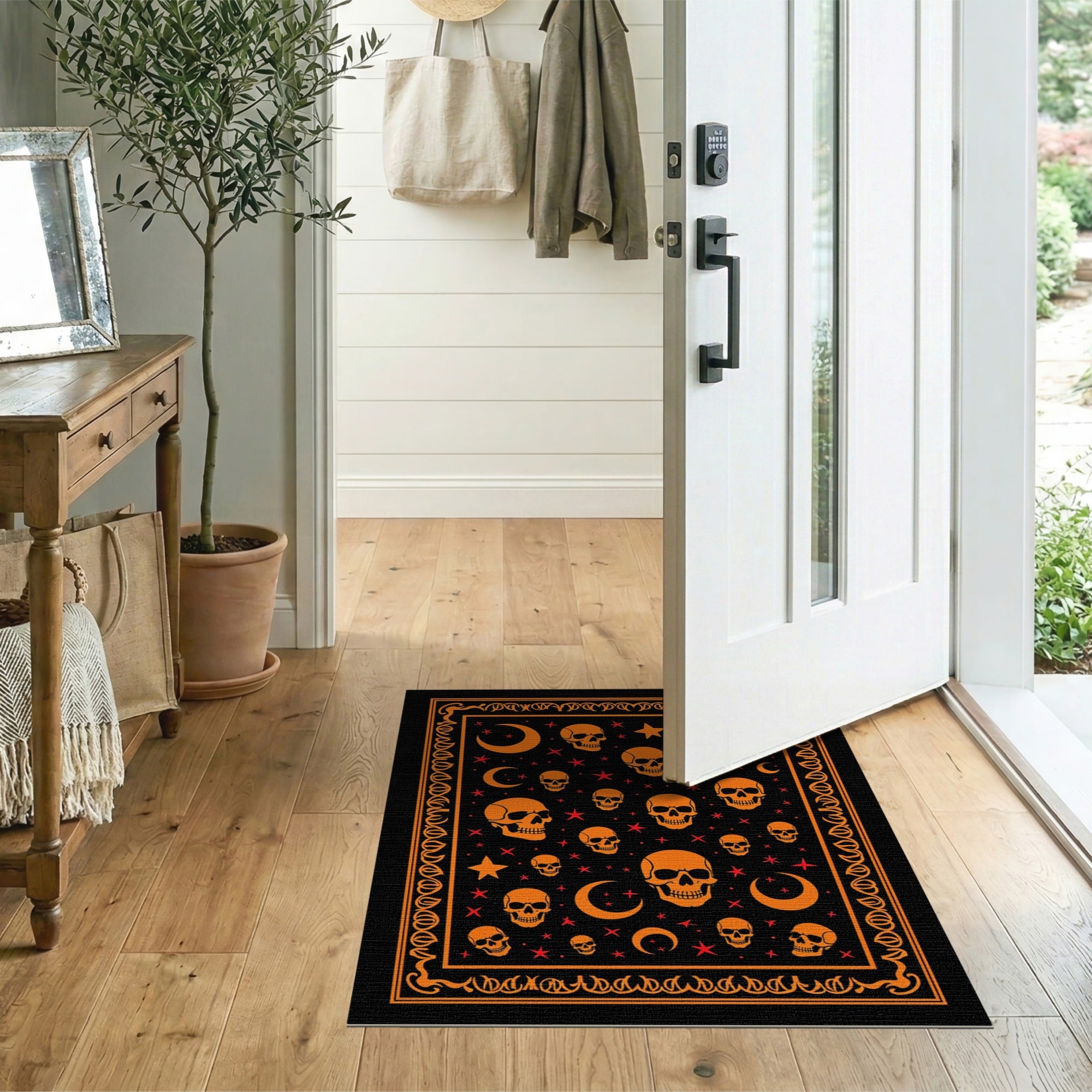 Gothic Orange Skulls Moons Stars Black Area Rug