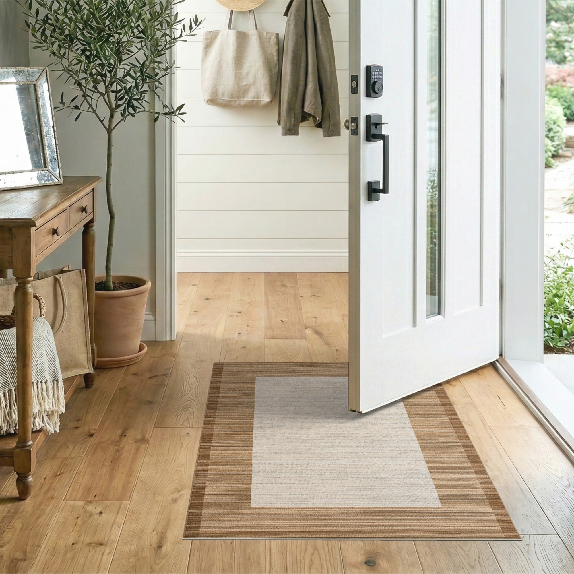 Beige Area Rug with Brown Tan Woven Border