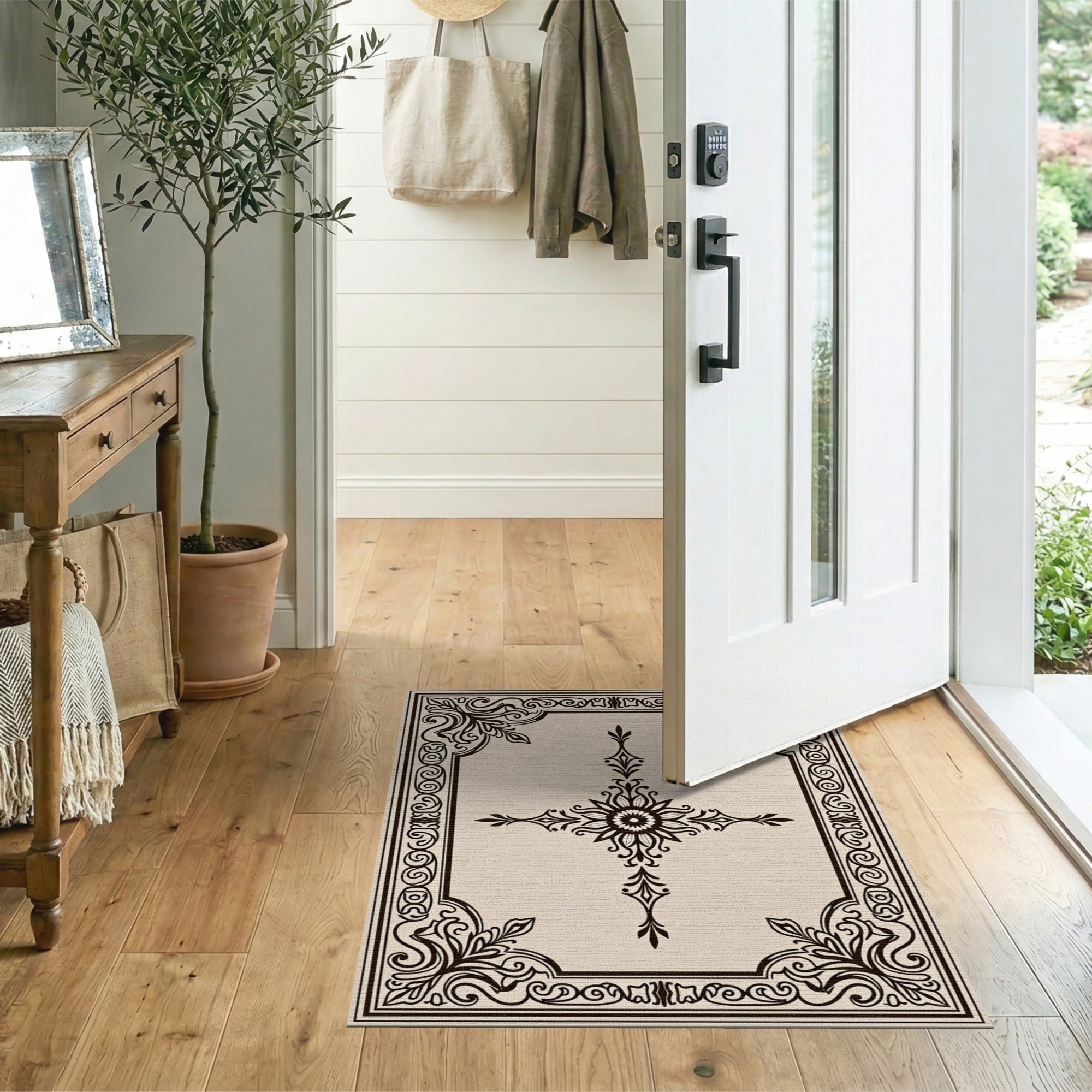 Ornate Floral Cross Beige Area Rug