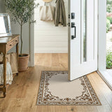 Elegant Beige Area Rug with Ornate Brown Border