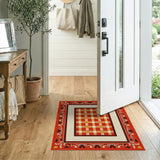 Red Plaid Southwestern Rug with Tribal Border