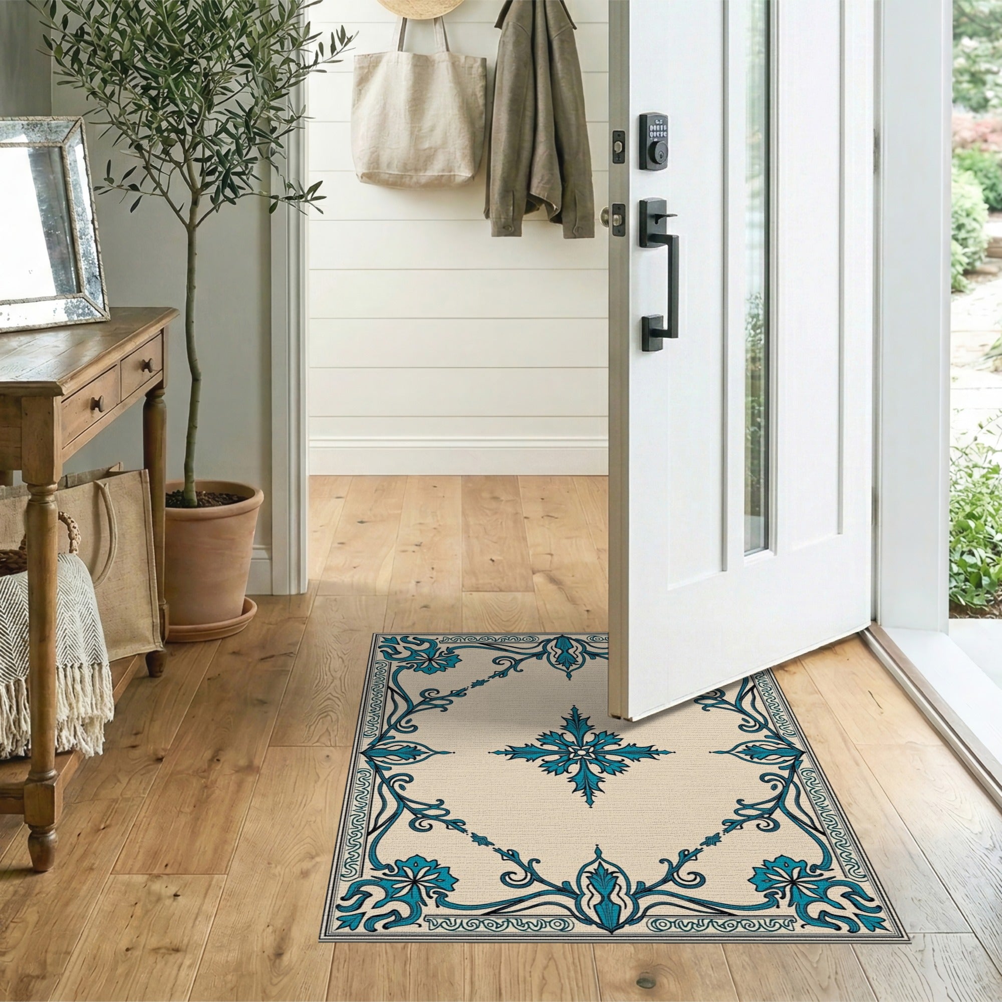 Teal Ornate Floral Border Cream Area Rug