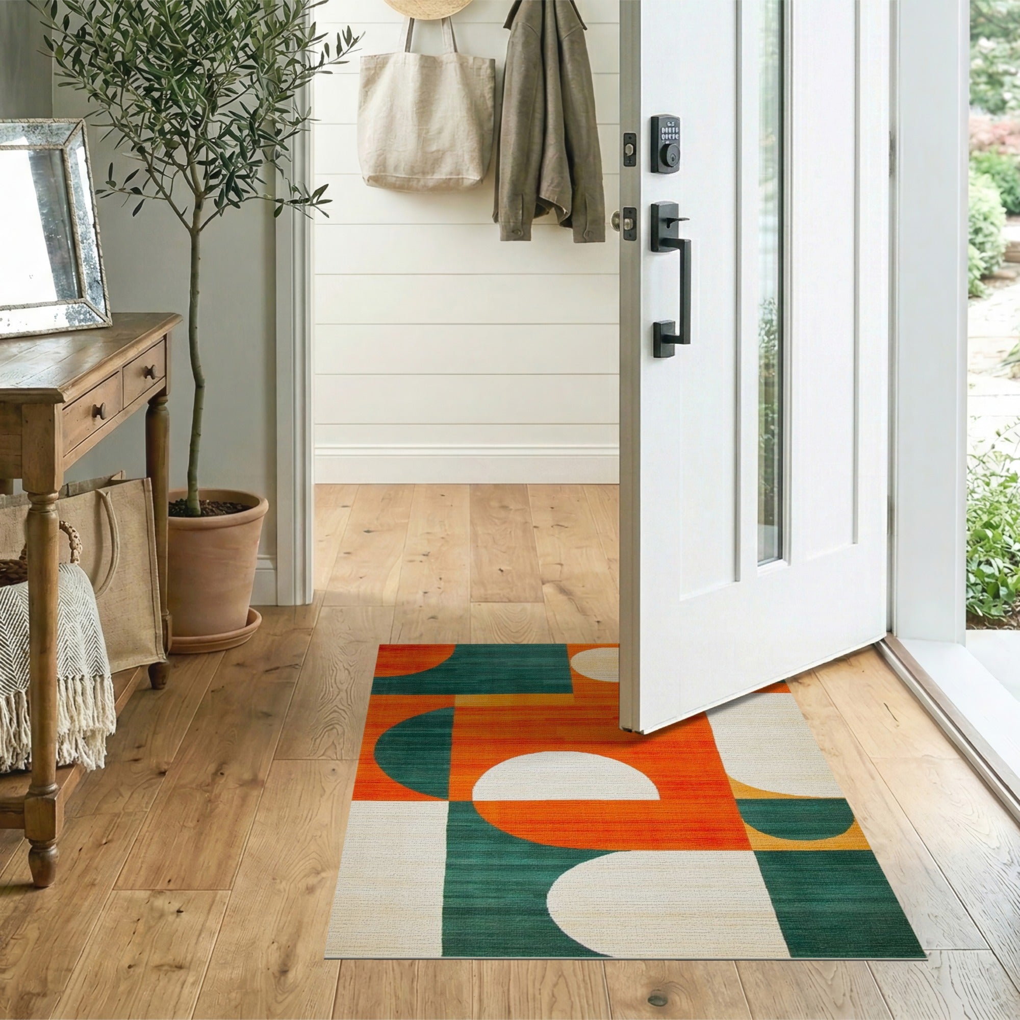 Bold Geometric Orange Green Area Rug