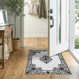 Ornate Floral Black White Area Rug