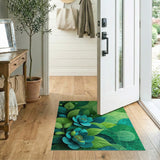 Teal Lotus Flowers on Lush Green Leaves Area Rug