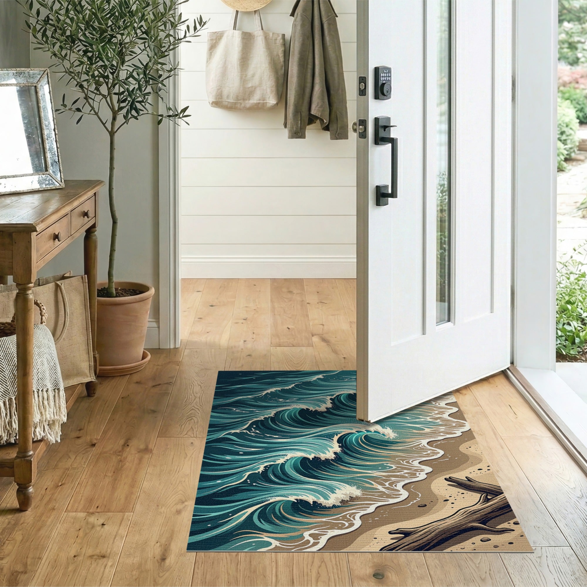 Blue and Teal Teal Ocean Waves Crashing on Sandy Beach Rug