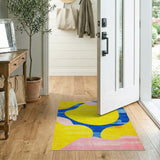 Vibrant Yellow Abstract Rug with Blue Loops Pink Curves