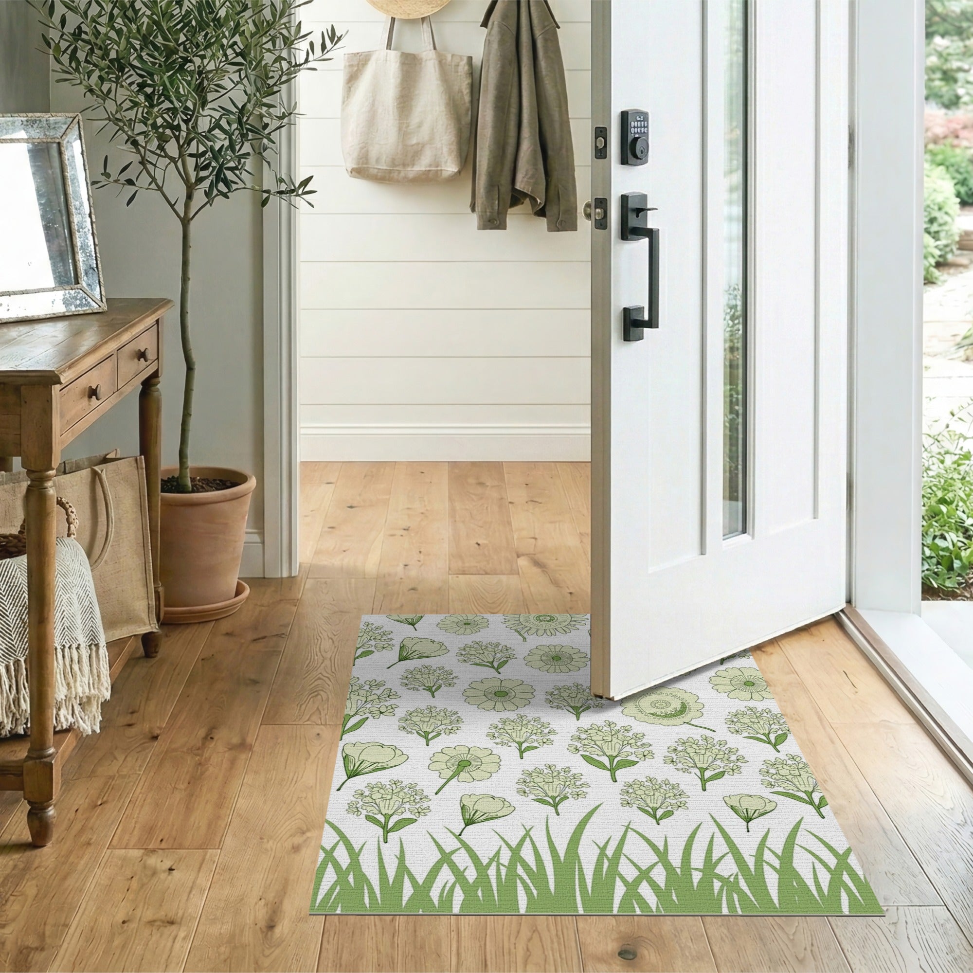 Pale Green Wildflower Line Art Area Rug