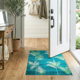 Coastal Beach Blue and Teal Palm Leaf Coastal Area Rug