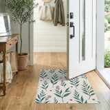 Teal Leaves Pink Flowers Cream Area Rug