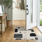 Abstract Geometric Beige Area Rug with Black Shapes