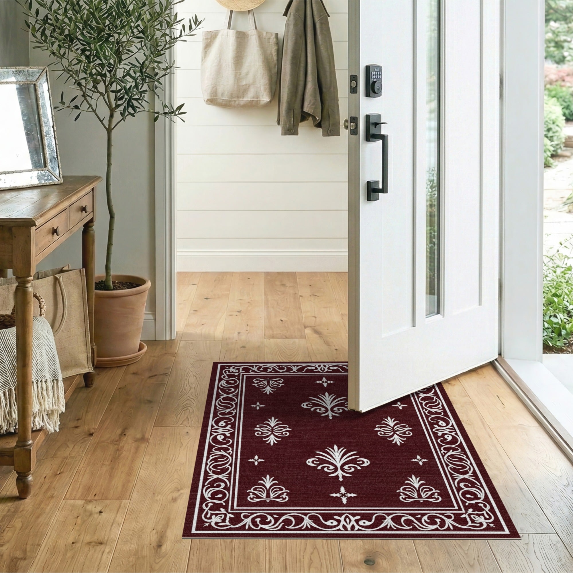 ODIKA Traditional Ornate Burgundy Washable Area Rug - Low Pile Non-Slip Living Room Rug