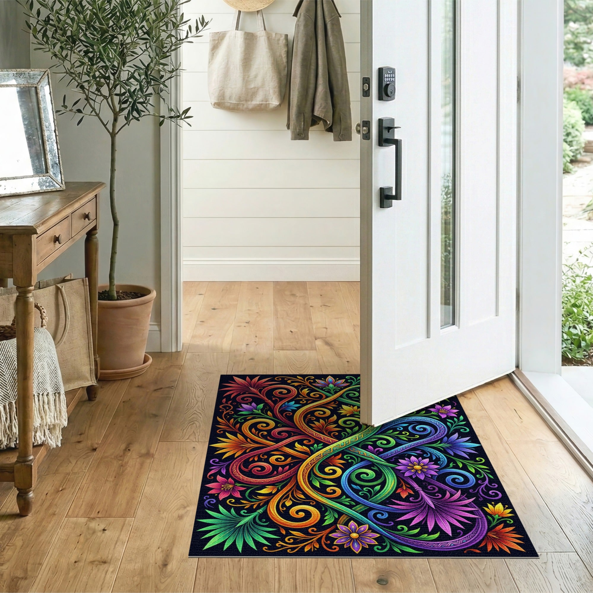 Intertwined Rainbow Floral Swirl Area Rug