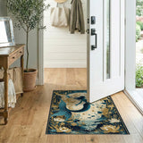 Vintage Art Deco Mermaid Navy & Gold Washable Area Rug, Low Pile Non-Slip