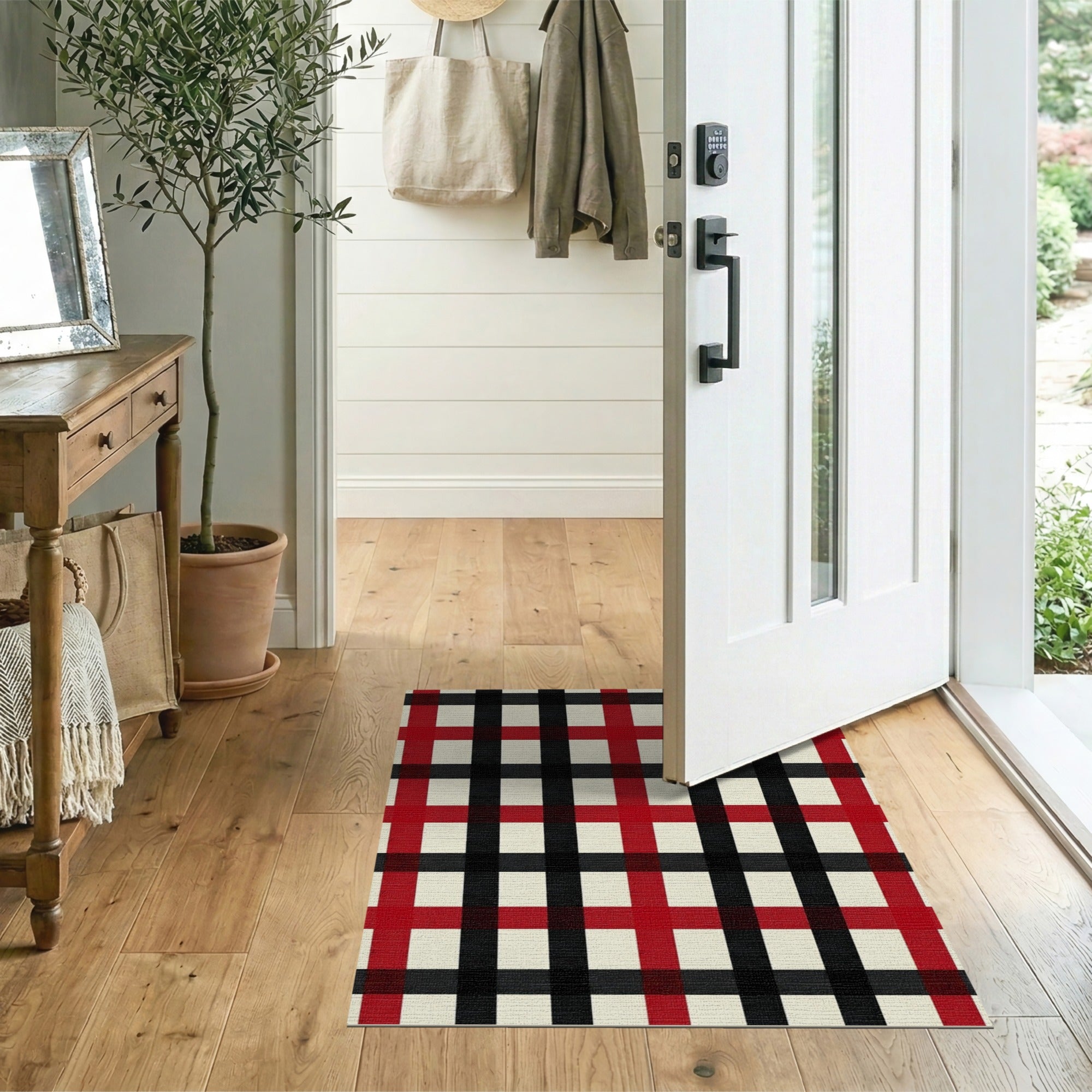 Rustic Farmhouse Rustic Red Black Plaid Area Rug