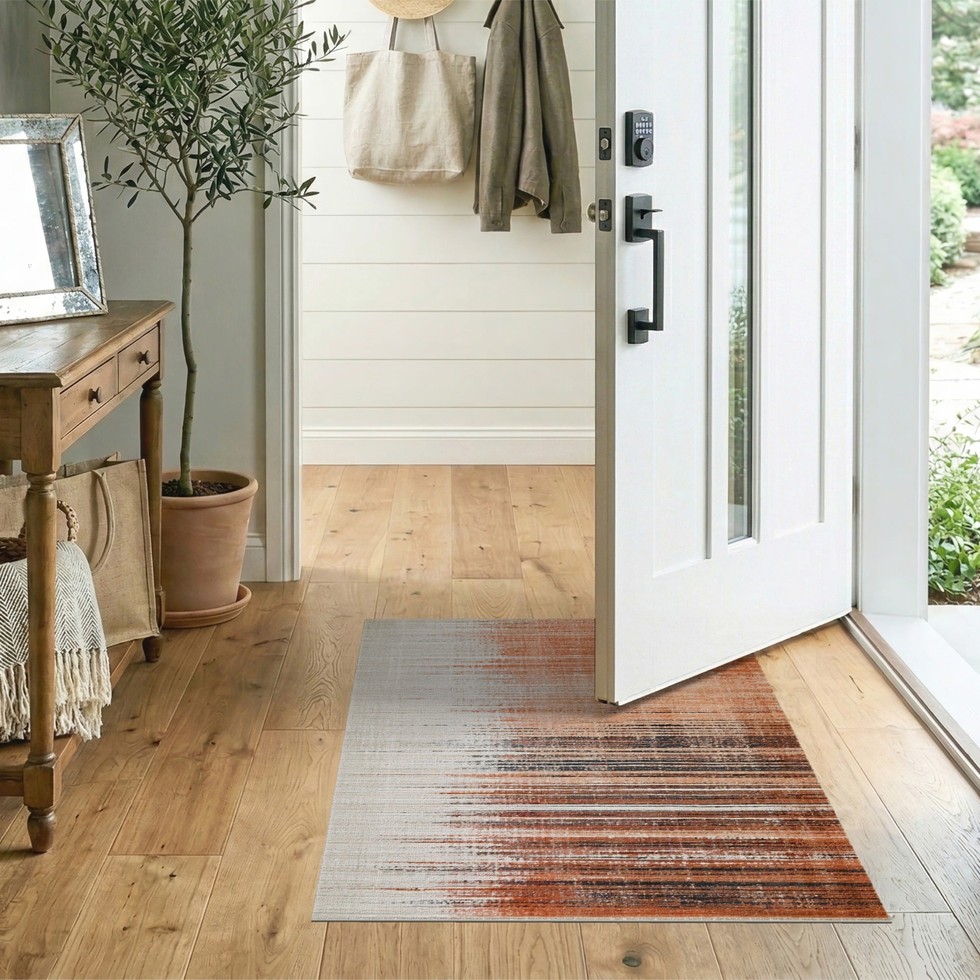 Beige to Rust Distressed Horizontal Stripe Area Rug