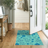 Teal Blue Floral Outline Area Rug