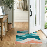 Abstract Teal Wave Washable Area Rug