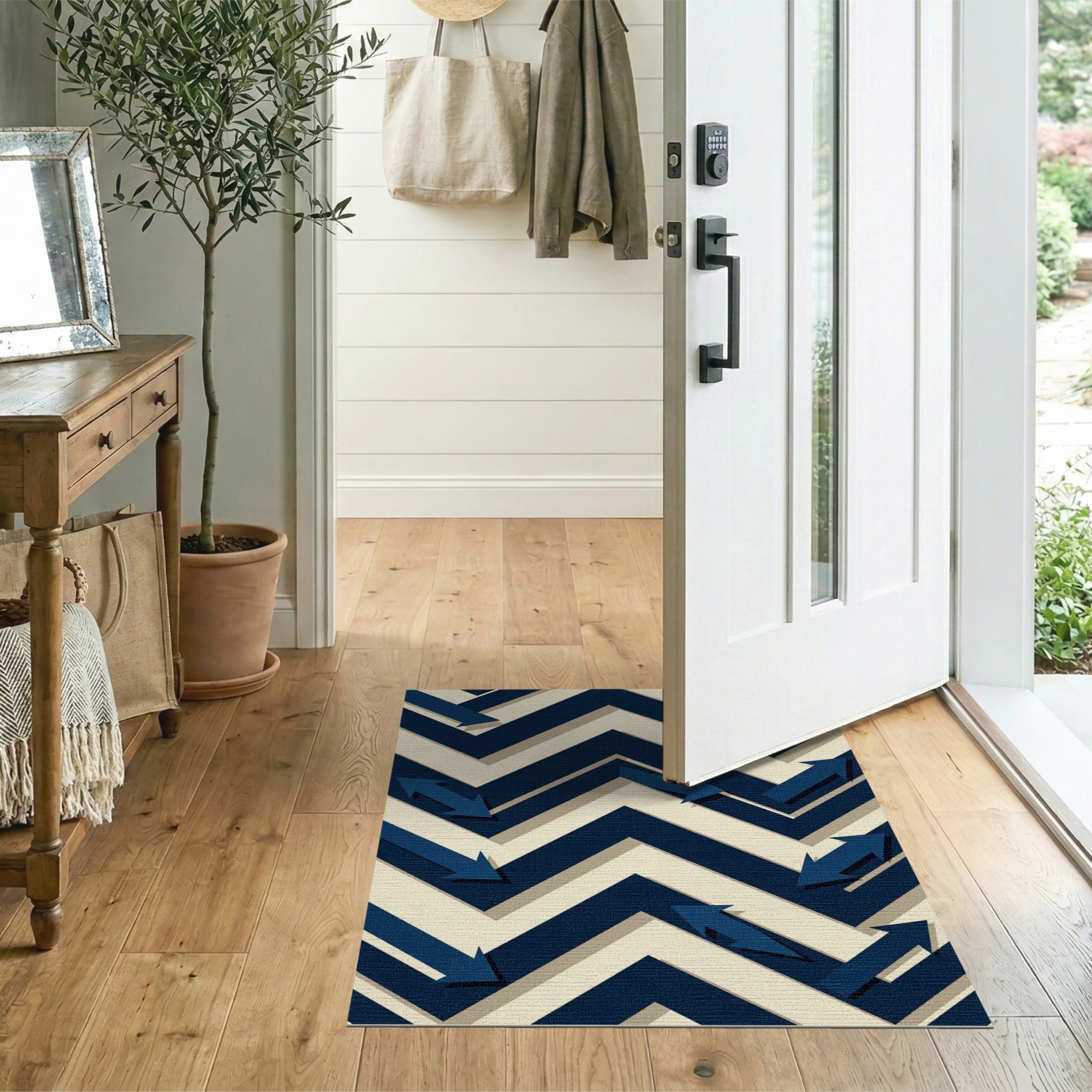 Navy Blue Arrow Zigzag Geometric Area Rug