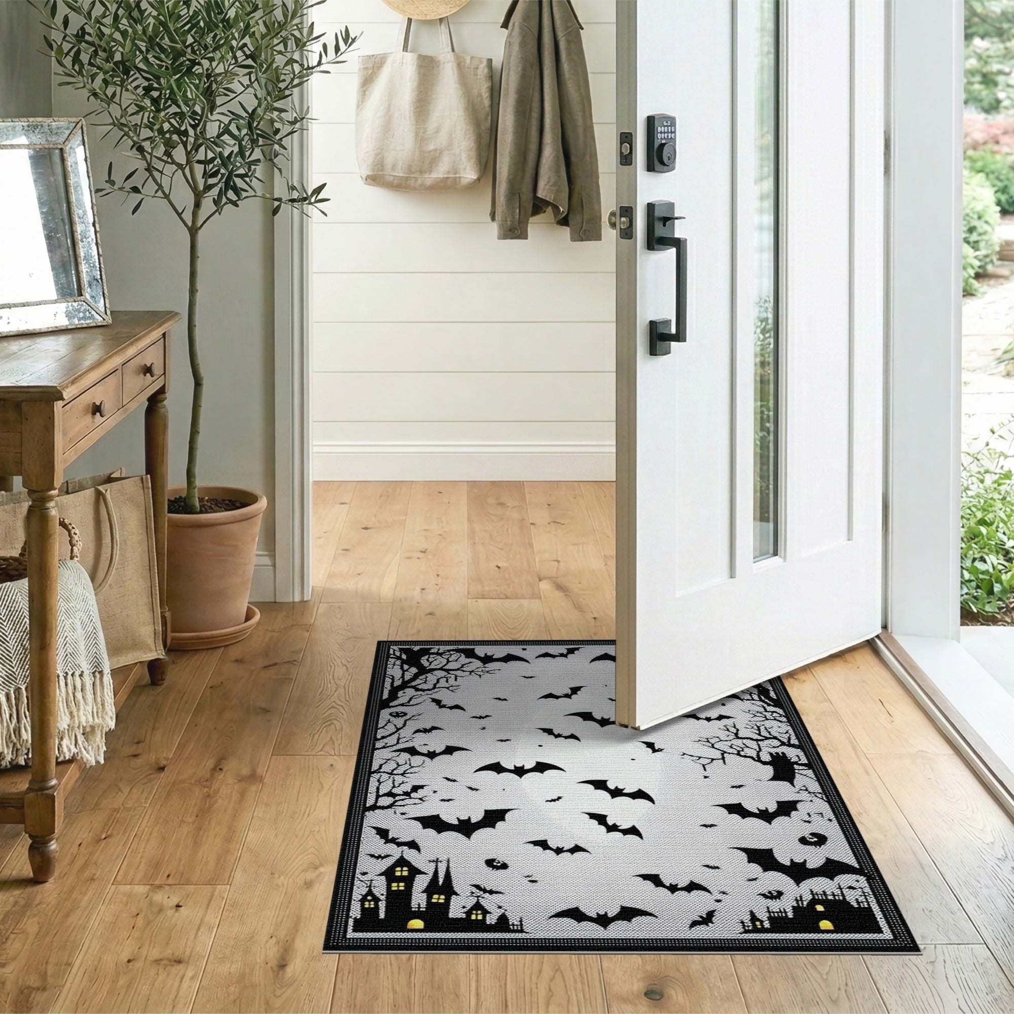 Halloween Bats Silhouette Black White Area Rug