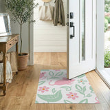 Whimsical Pink Mice Floral Leaves Area Rug