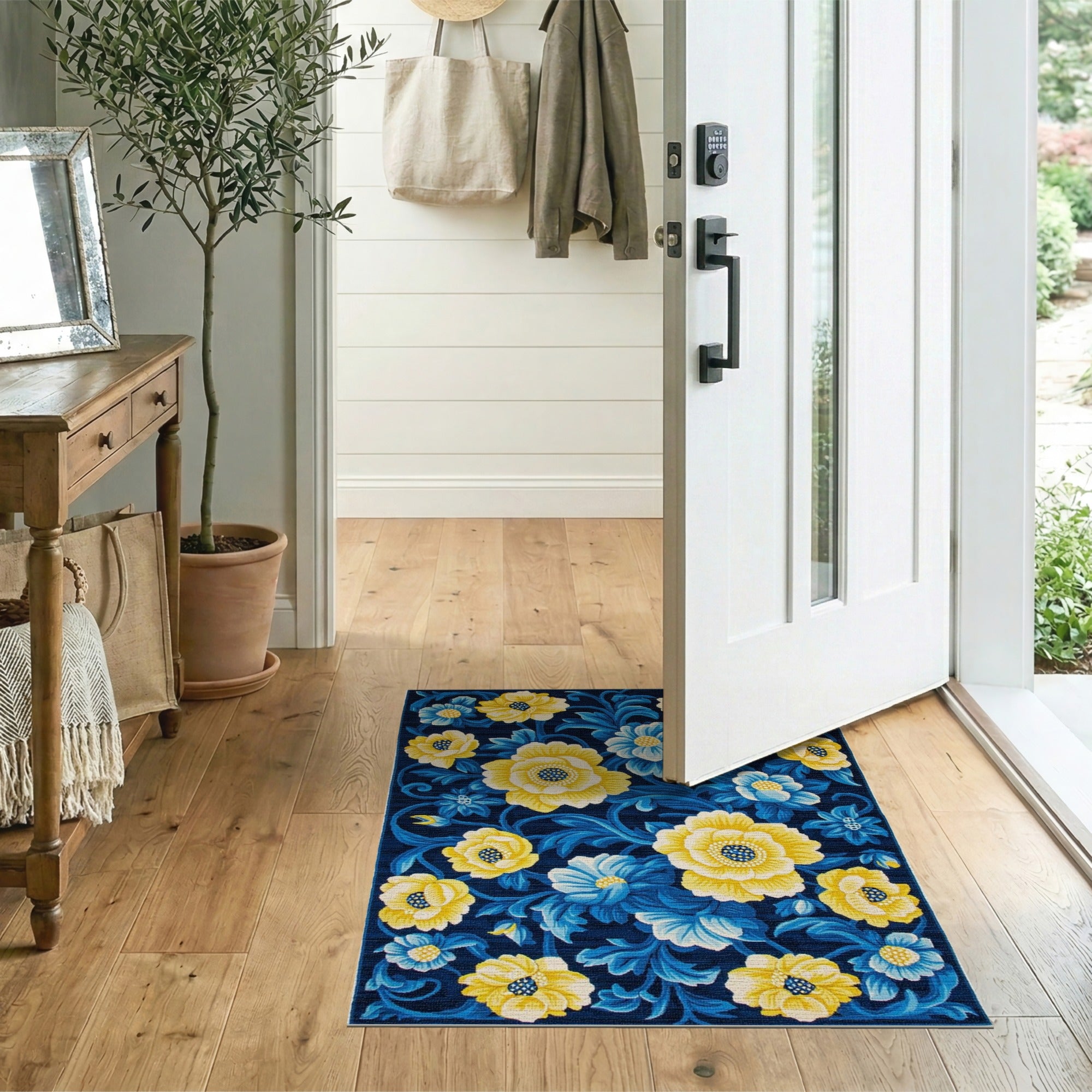 Navy Blue Yellow Floral Vintage Area Rug