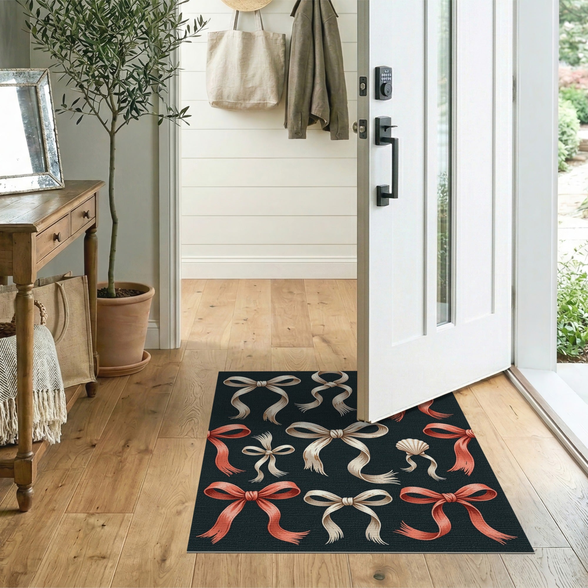 Coral Ivory Fringed Bows Seashell Rug