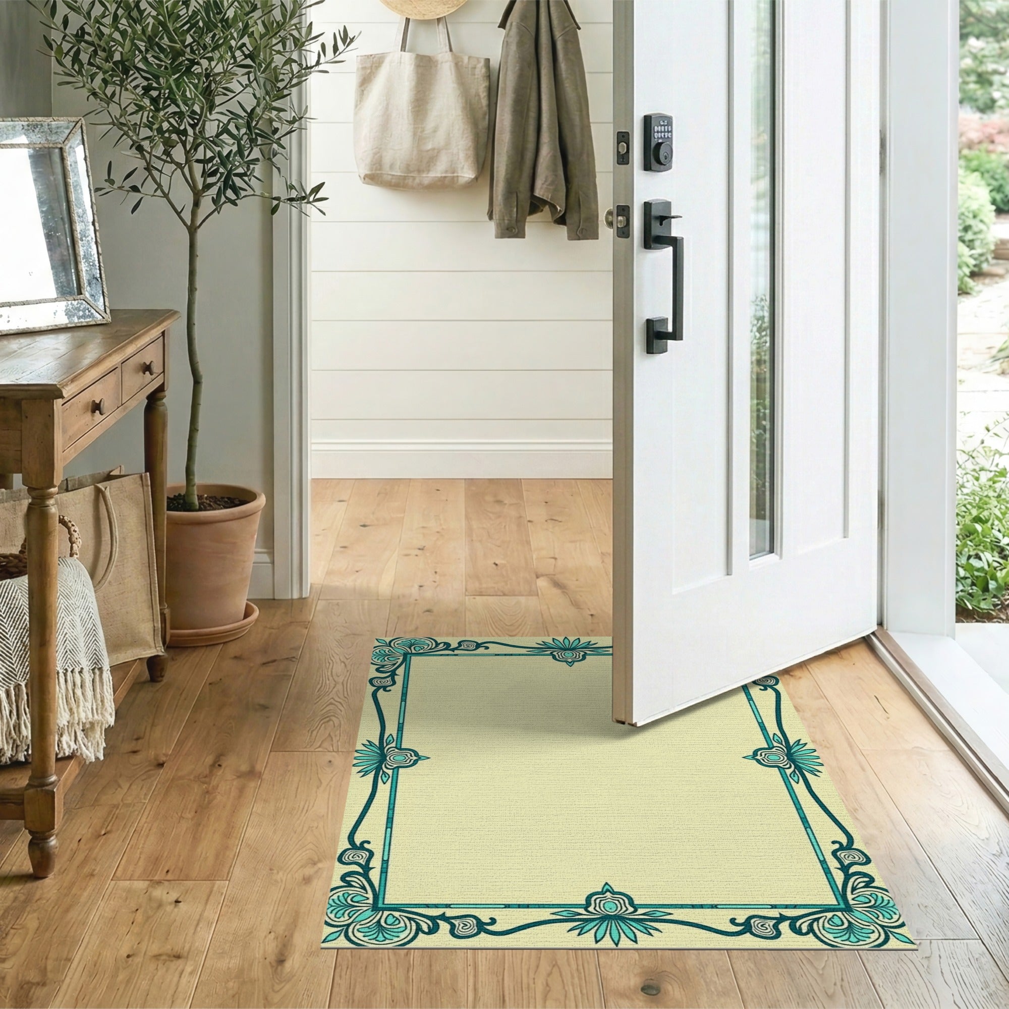 Ornate Floral Vintage Ornate Teal Floral Border Area Rug