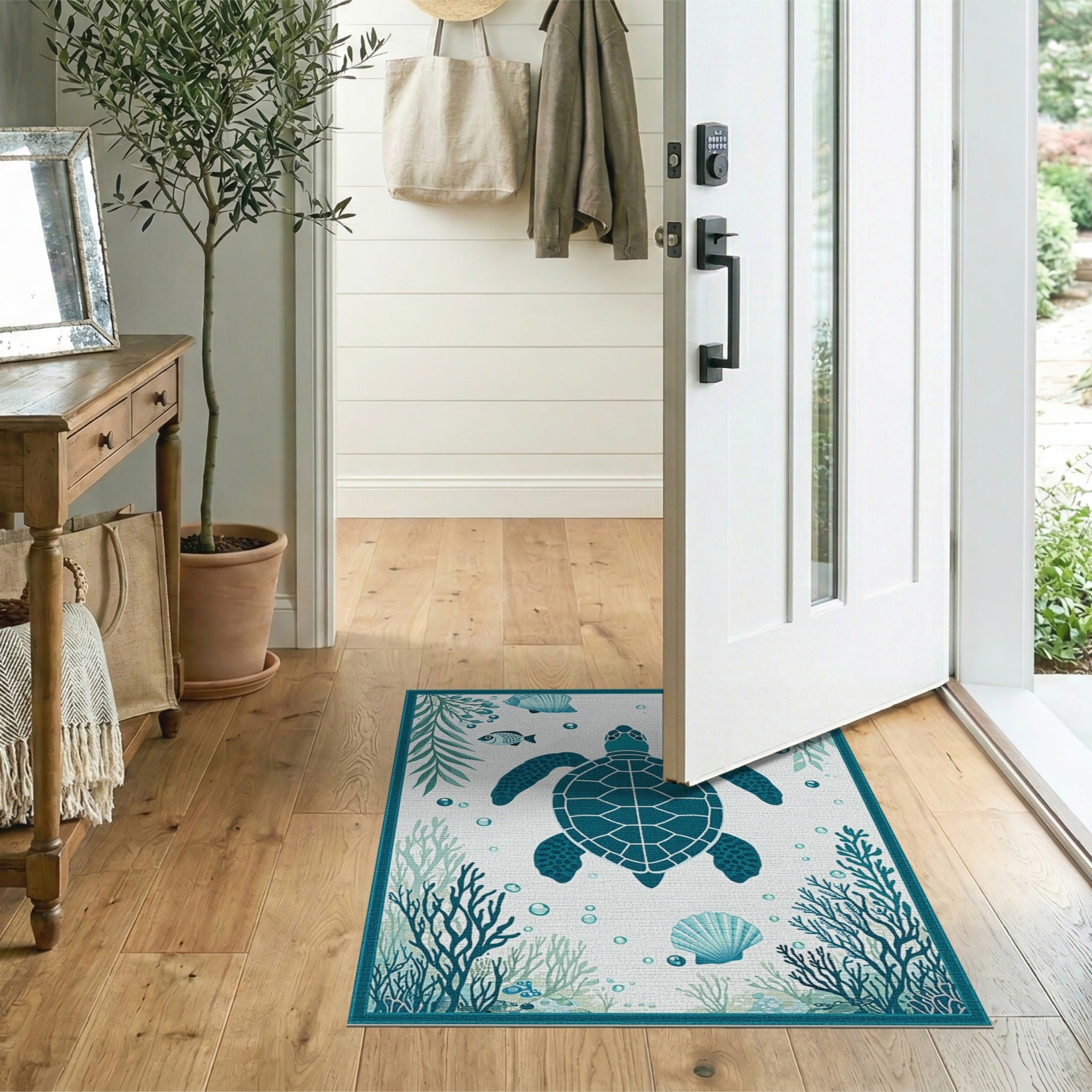 Coastal Beach Sea Turtle Teal Coastal Area Rug