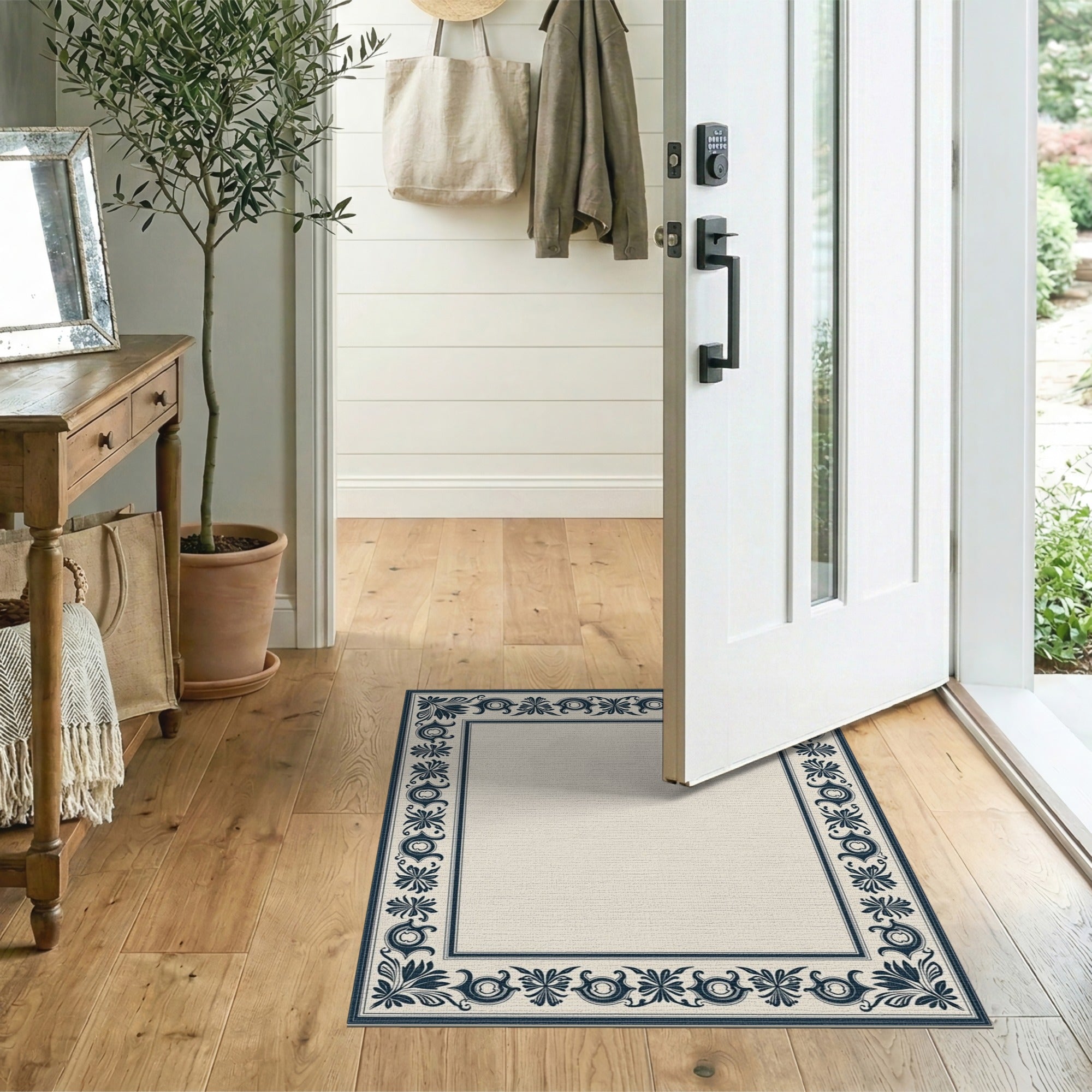Floral Vintage Ornate Navy Floral Border Beige Area Rug