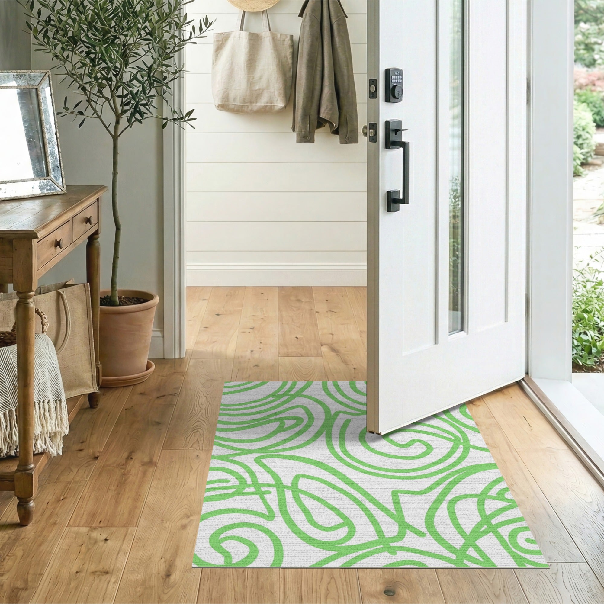 ODIKA Modern Green Abstract Swirl Washable Rug - Low Pile Non-Slip Area Rug