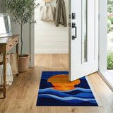 Orange Sun Over Teal Waves Geometric Rug