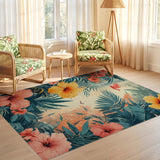 ODIKA Tropical Hibiscus Floral Washable Rug - Low Pile Non-Slip Area Rug