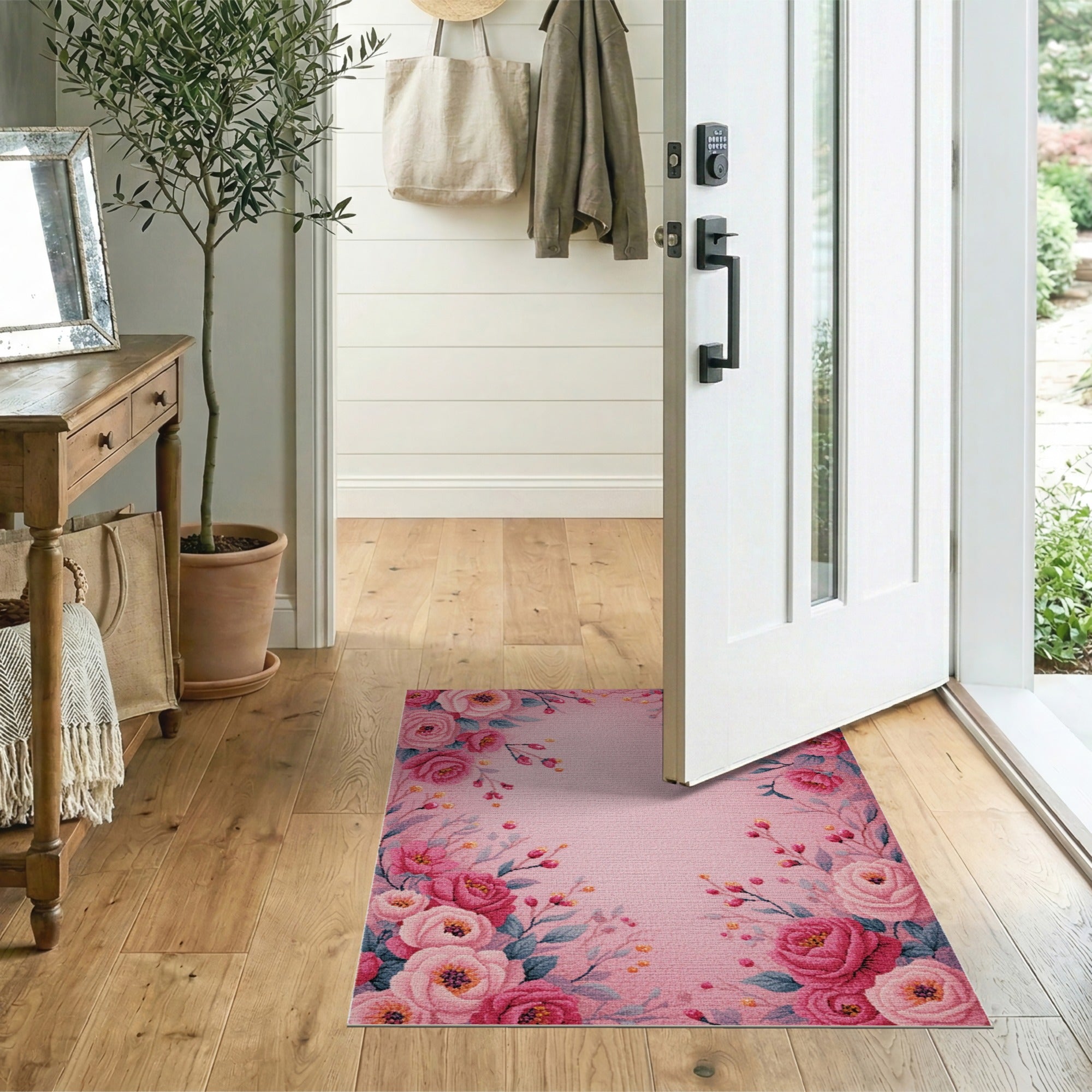 Vintage Blush Pink Rose Floral Area Rug