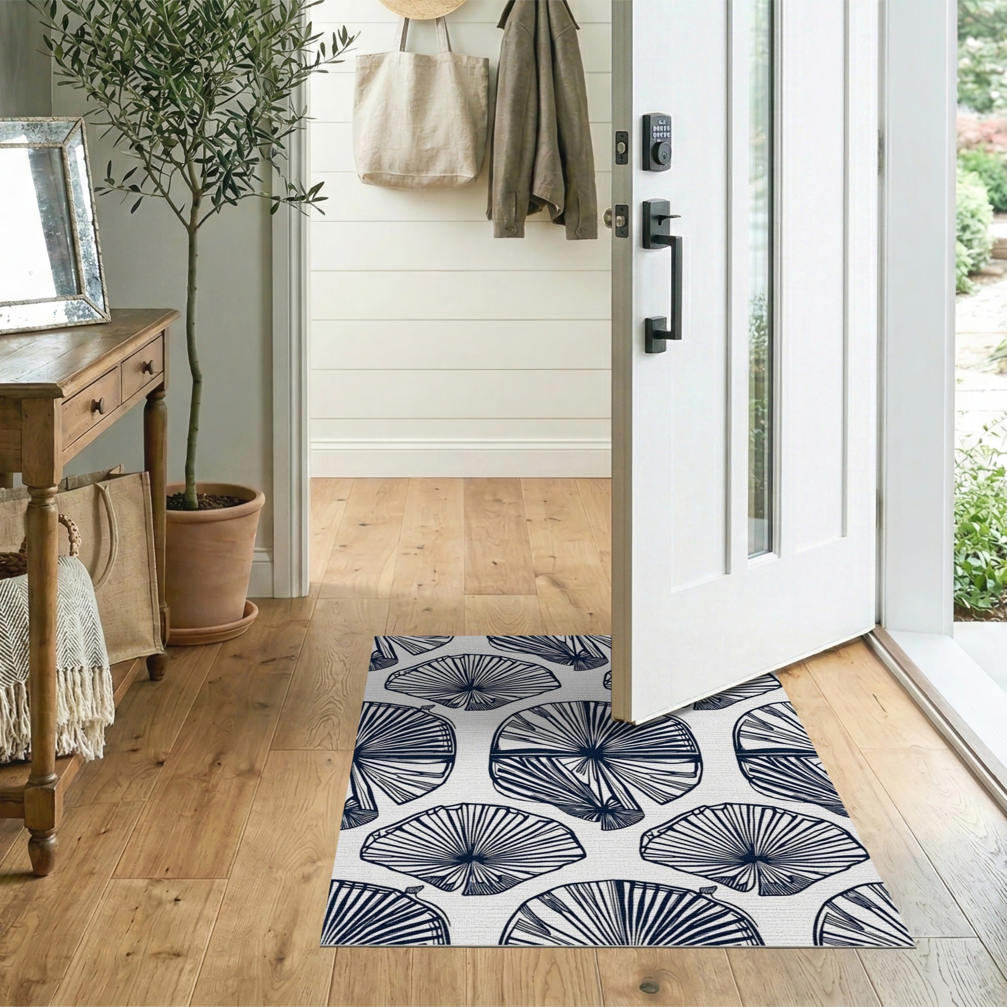 ODIKA Navy Blue Abstract Fan Washable Rug - Low Pile Non-Slip Area Rug