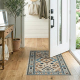 Cream Blue Teal Geometric Heritage Tribal Rug