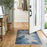 Coastal Blue Palm Leaf Grey Area Rug